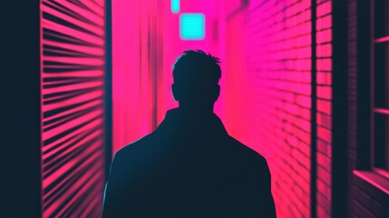 Person Walking Through Neon Alleyway at Night in Urban Setting