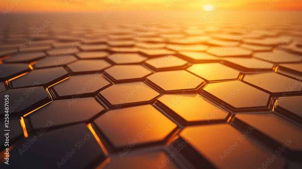 Poster intricate hexagonal pattern with sunset reflection on metallic surface