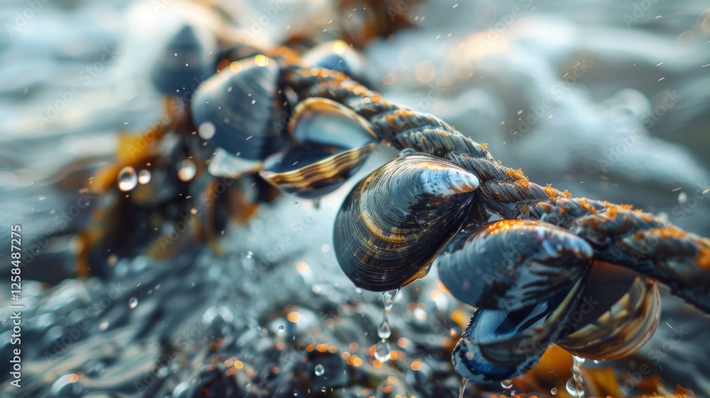 Poster mussels are tightly attached to a rope submerged in ocean water as sunlight reflects off the droplet