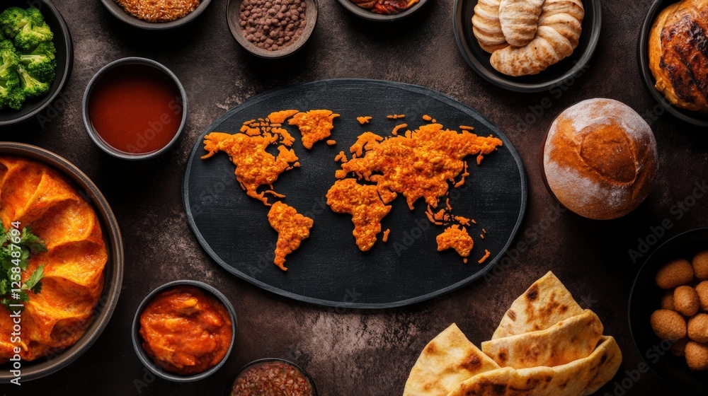Poster black plate featuring a detailed world map design with a table displaying various items around it