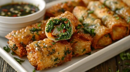 Golden spring rolls: Freshly fried, with one cut open to reveal a steaming hot filling of vegetables and shrimp.