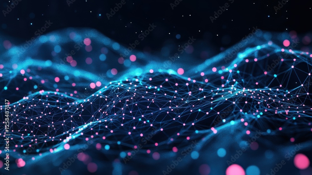 Aufkleber interconnected network of glowing nodes and undulating neon waves
