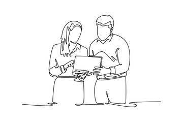 Woman tech concept. Single line draw design vector graphic illustration.