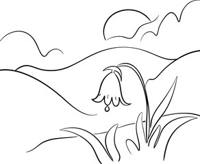 Sunrise Landscape Drawing Simple Flower, Rolling Hills, Peaceful Scene