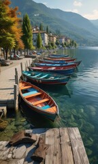 Fishing boats tied to the dock on Lake Maggiore, trees, lake