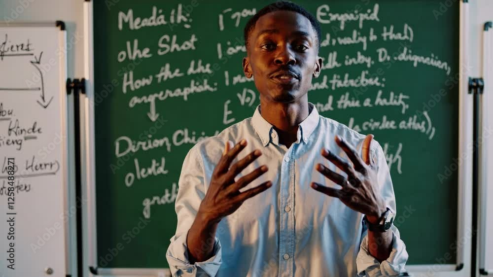 Poster educational video featuring a teacher explaining concepts in front of a chalkboard, shot with a clos