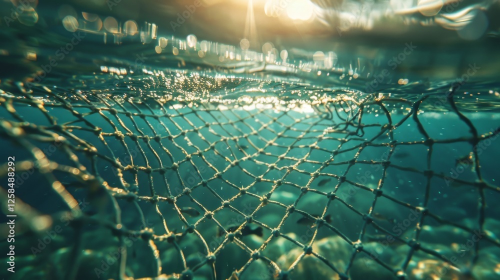 Poster A fishing net drifts beneath the surface of clear water. Sunlight filters through, casting shimmering patterns on the net and surrounding stones, creating a serene atmosphere.