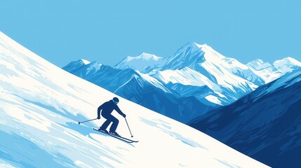 Skier Racing Down Snowy Slope with Majestic Mountain Background