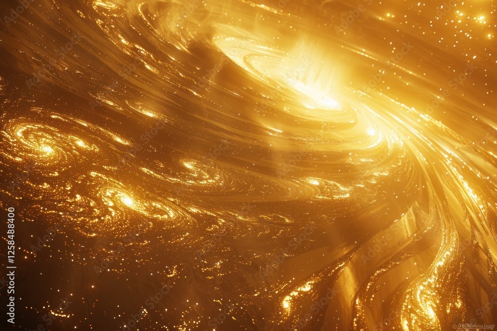 Poster a shimmering gold dust storm swirls, casting sparkling particles in soft light that highlights dynam