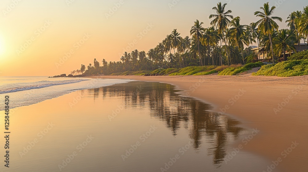 Poster golden sunrise reflects on serene beach with palm trees lining the shore in a tranquil coastal setti
