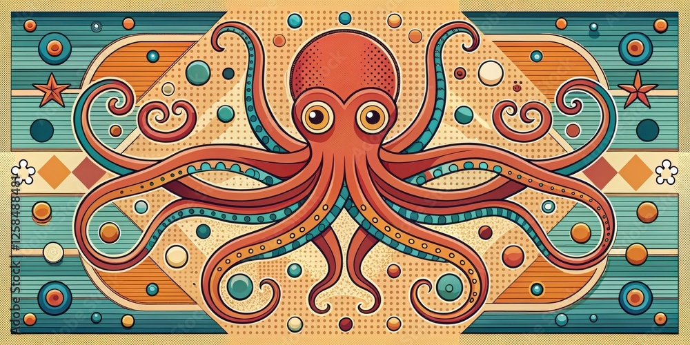 Poster retro style octopus illustration with geometric pattern background