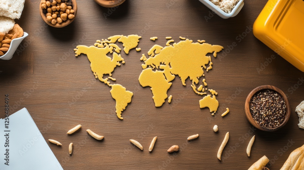 Aufkleber table displaying a world map created with various food items on a wooden surface