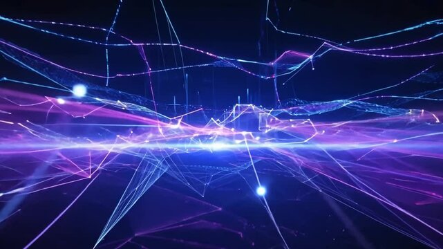 A 3D grid with quantum particles, glowing dots representing qubits superposition, Futuristic wave interference patterns overlay network entangled particles, high-tech sci-fi feel, 4k High-Quality