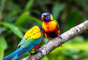 Fototapeta premium Rainbow Lorikeets on a Branch: Vibrant Australian Birds