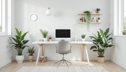 Home office setup modern workspace interior design bright environment aerial view minimalist concept