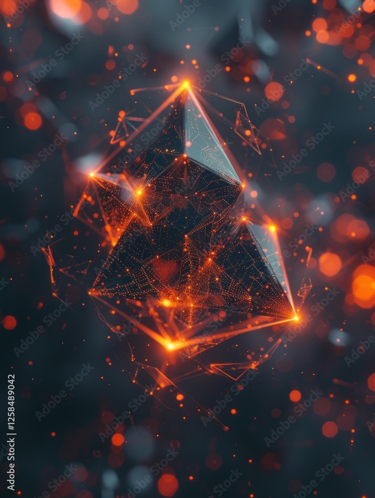 Poster a cluster of glowing nodes hovers in deep space, showcasing surreal geometric forms illuminated by s