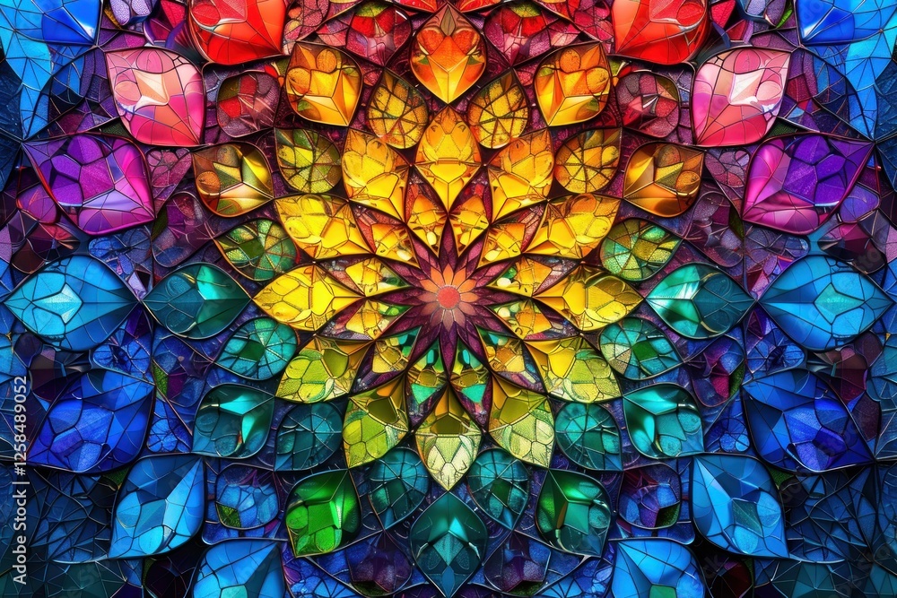Poster vibrant stained glass mosaic features geometric patterns that create a mesmerizing visual experience