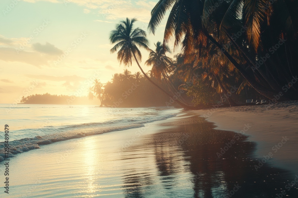 Aufkleber Serene sunset along a tropical beach with palm trees and gentle waves lapping at the shore. Generative AI