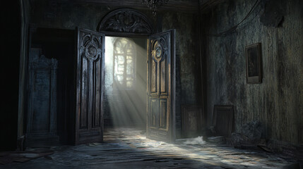 Obraz premium Door opening with glow, discovery, opportunity, exit concept with light shine from open doorway in dark room with sparks or mysterious radiance inviting to enter, Realistic 3d vector illustration