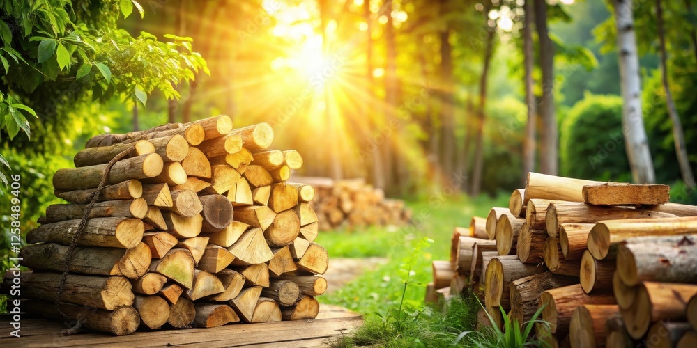 Poster a sunlit stack of neatly piled firewood logs rests on a wooden surface in a lush forest setting