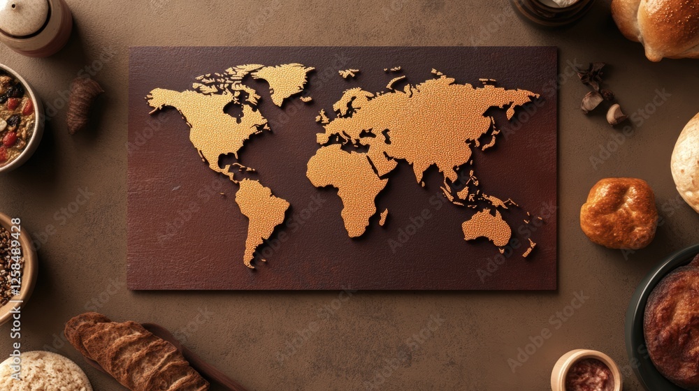Aufkleber world map created using bread on a table surrounded by various food items
