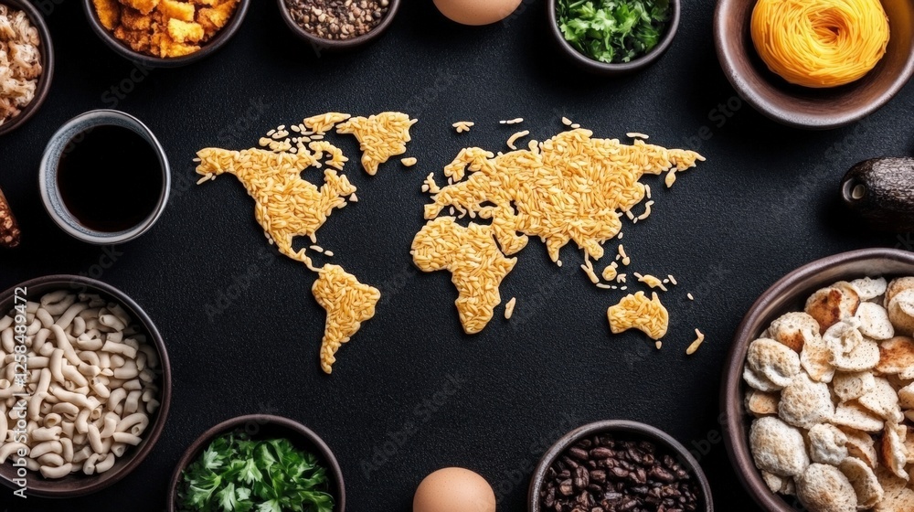 Aufkleber world map created from various food items arranged on a table for a unique culinary display