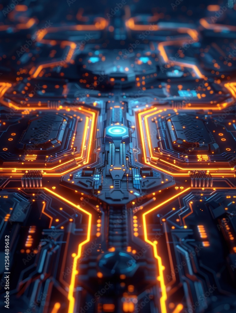 Poster a complex design showcases glowing circuits with neon blue lines forming a neural structure under so