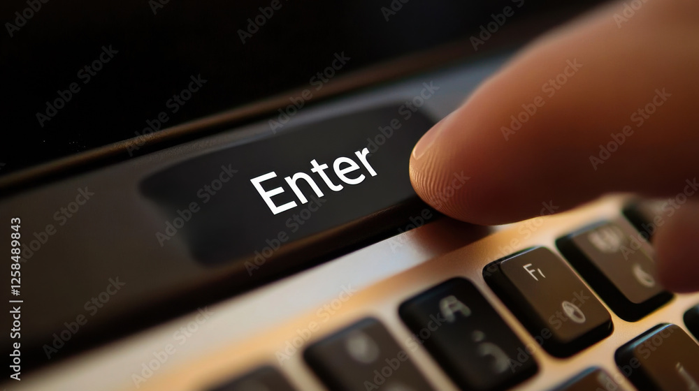 Poster finger pressing the enter key on a computer keyboard during a late-night task at home