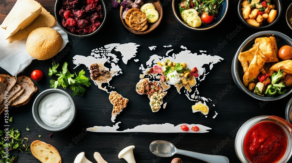 Poster table with a world map displayed prominently in the center surrounded by various objects and items