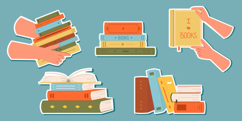 Cute set of World Book Day stickers: stack of open,closed books,books in hands,for planners,notebooks. Printable list of cute. stickers.Blue isolated background.Flat style