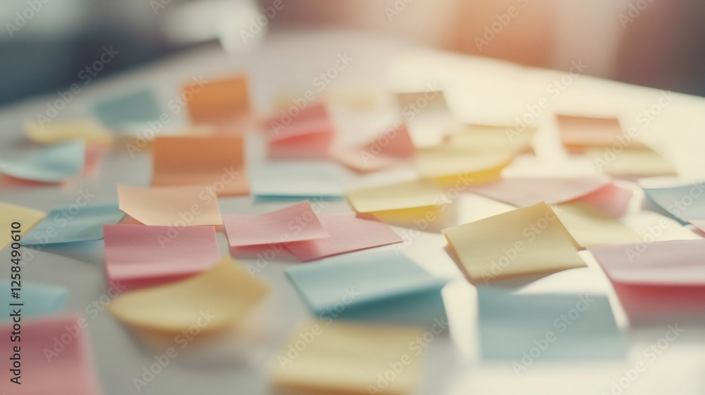 Poster Colorful sticky notes scattered across a desk symbolize multitasking and the chaos of managing deadlines. They represent the stress and organization involved in effective time management