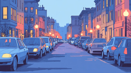 Obraz premium Cars standing on parking lot on city street. Cartoon vector illustration of urban landscape with parked automobiles on public zone with building silhouette, lamps and sign. Vehicle on town stop.
