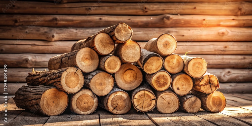 Aufkleber a neatly stacked pile of round logs rests against a rustic log cabin wall, bathed in warm sunlight.