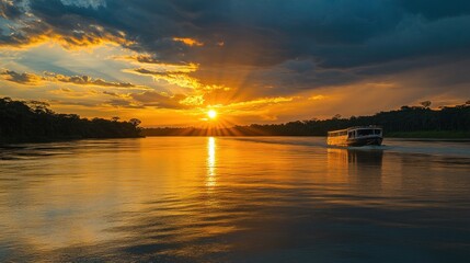 Obraz premium Amazon Sunset Cruise: Golden Hour on the River