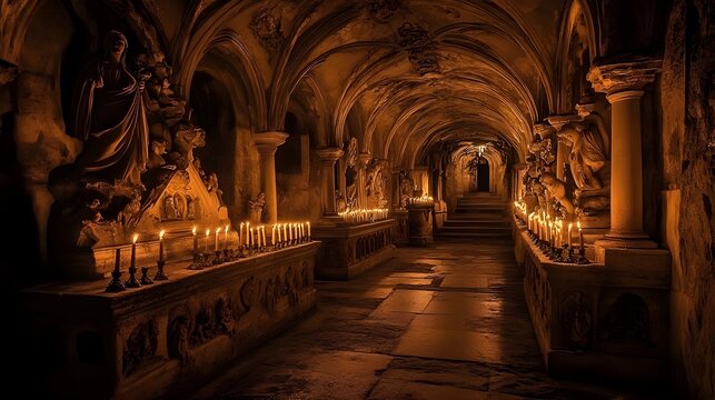 Ancient Church Crypt with Lit Candles