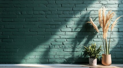 Green painted brick wall with a textured matte finish, bold tones, slight aging generative ai
