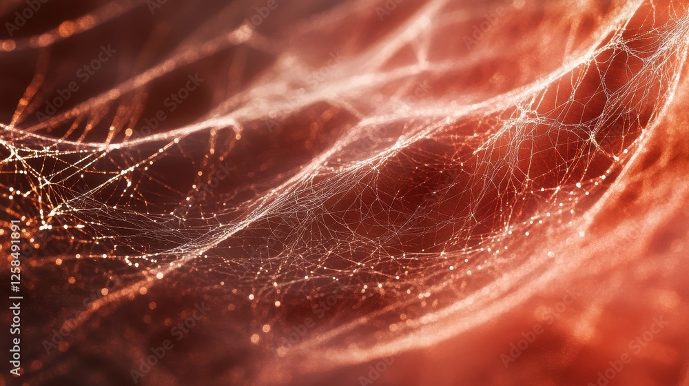 Poster intricate network of shimmering threads on a terracotta backdrop