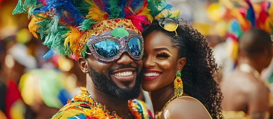 Young smiling afro american couple with mask and feathers having fun at carnival