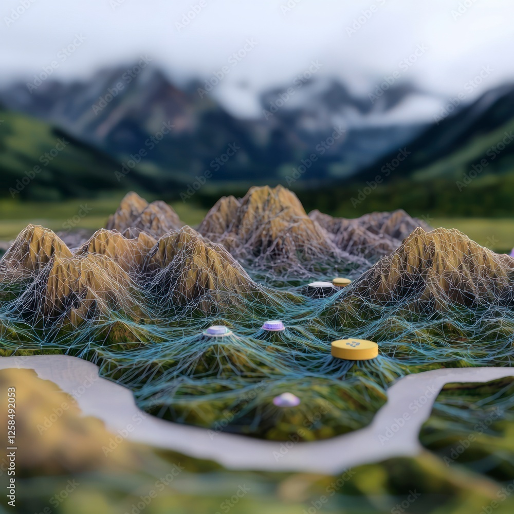 Poster detailed 3d model of a mountain range with data connections