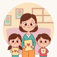 Children giving handmade Mother&rsquo;s Day gifts to their mom, heartfelt and emotional moment. Cartoon style