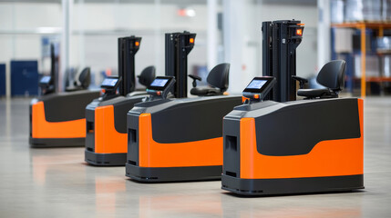 Smart business cartoon posters, forklift robot loading box in warehouse interior. Distributor use application for intelligent logistics, cargo delivery, postal service, storehouse vector web banner