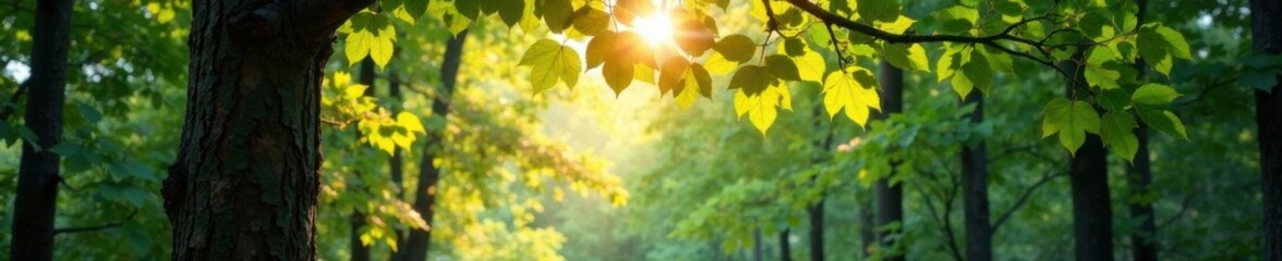 Tree in forest with sunlight filtering through leaves , forest, trees, woodland