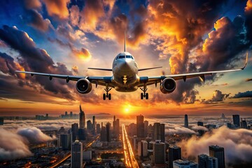 Airplane Landing Double Exposure: Cityscape and Clouds