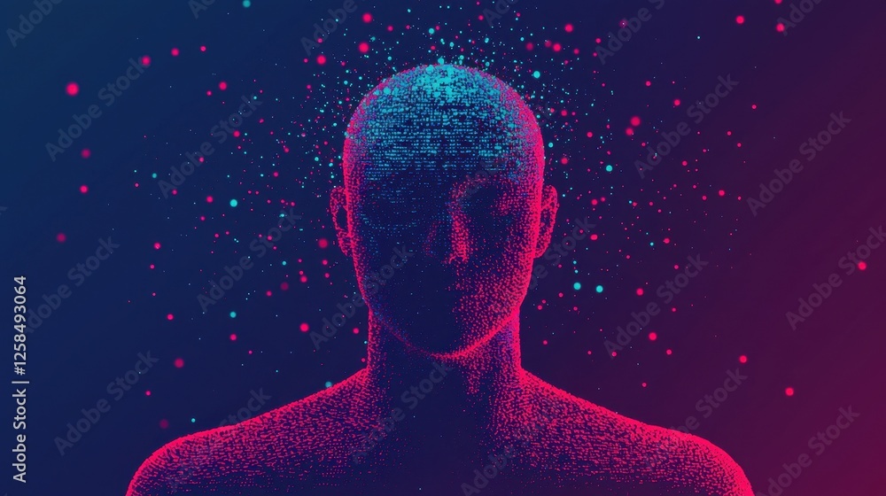 Poster portrait of a digital human form with data visualization elements