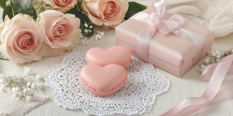 Charming setting with pink heart-shaped macarons, soft roses, and a gift box tied with a ribbon, symbolizing love and celebration