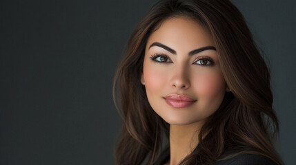 Fototapeta premium Elegant Portrait of a Woman with Long Dark Hair and Natural Makeup