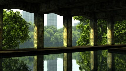 Fototapeta premium Tranquil reflection of city buildings and lush greenery in a serene pool setting.