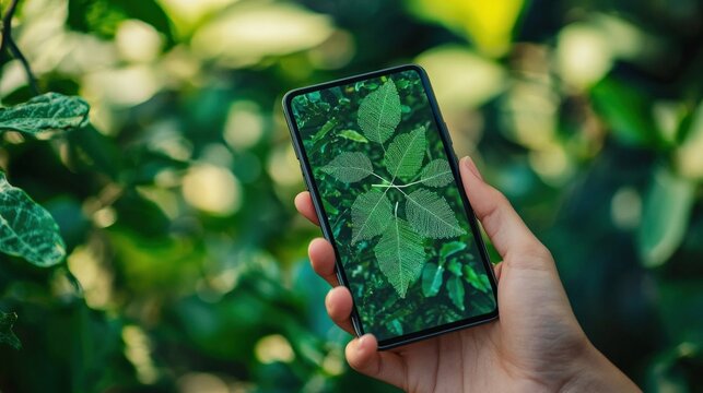 A person is holding a cell phone with a green leaf pattern on the screen