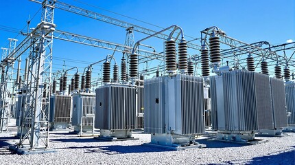 High Voltage Electrical Substation with Power Transformers