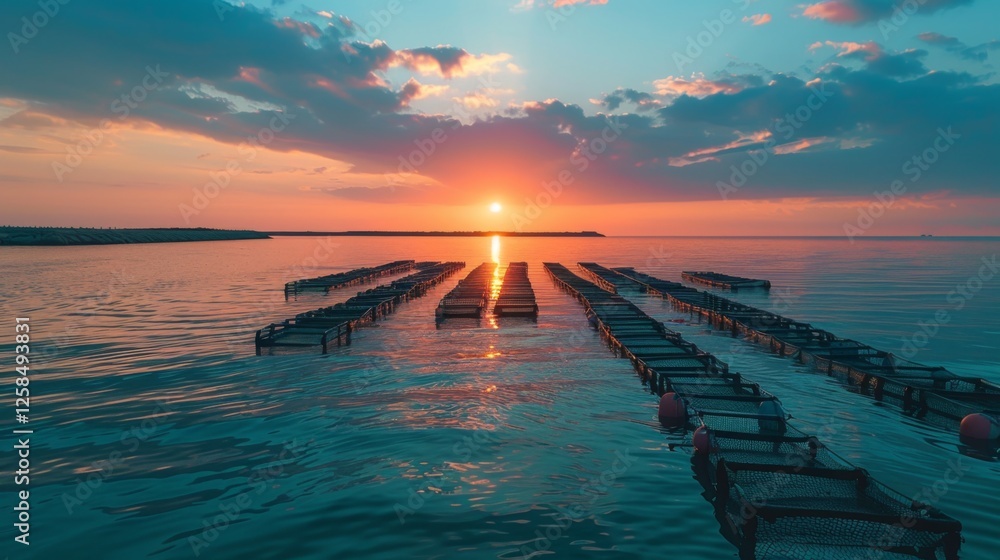 Aufkleber warm colors fill the sky as the sun sets over calm waters, casting reflections on wooden platforms a